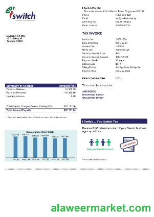 Singapore I Switch electricity business utility bill template in Word and PDF formats